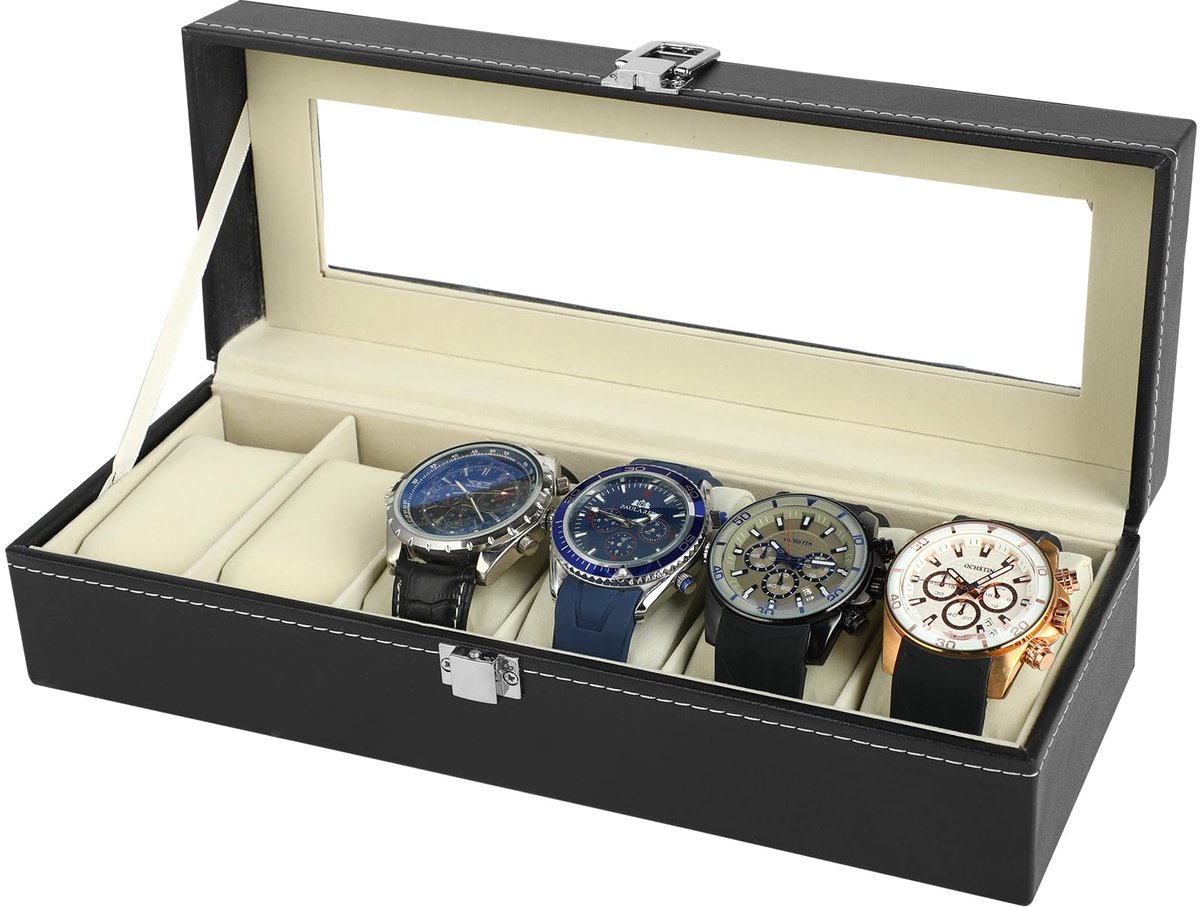 Atliberswo horlogebox met 6 compartimenten, horlogebox, horlogekast met glazen deksel, uitneembare kussens, metalen slot, zwart gecoat en voering in grijs