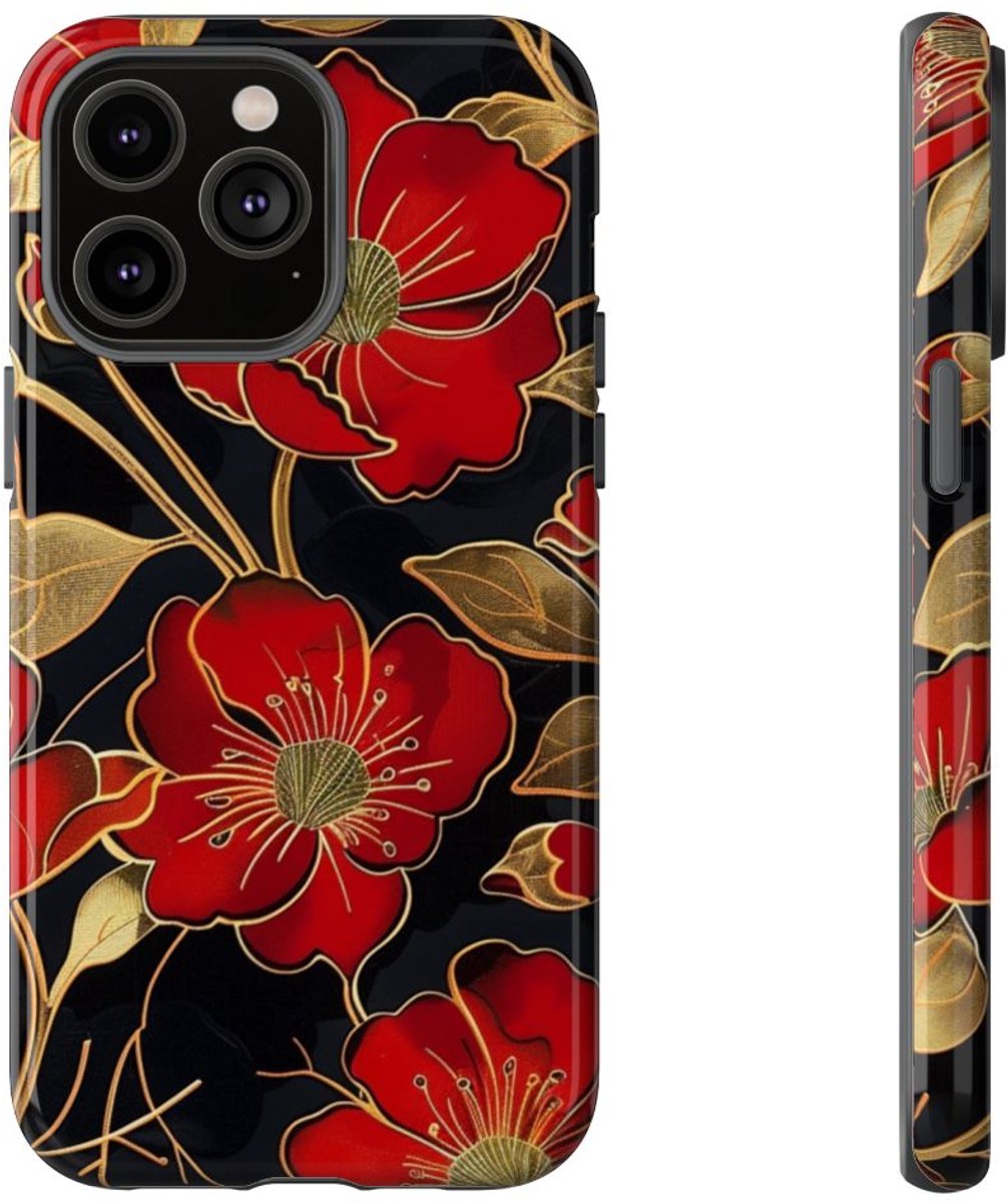 Rood-Gouden Bloemenpatroon – Telefoonhoesje Geschikt voor iPhone 14 Pro Max