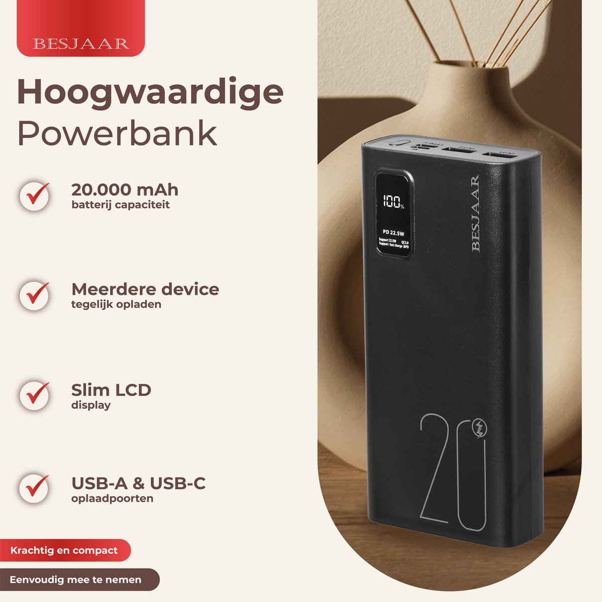 Powerbank 20000 mAh – 22.5W Ultra Snellader - USB-A/USB-C - LED Indicatie - Universele Powerbanks Geschikt voor iOS/Android - Zwart van Besjaar — cadeau in Gadgets - foto 4