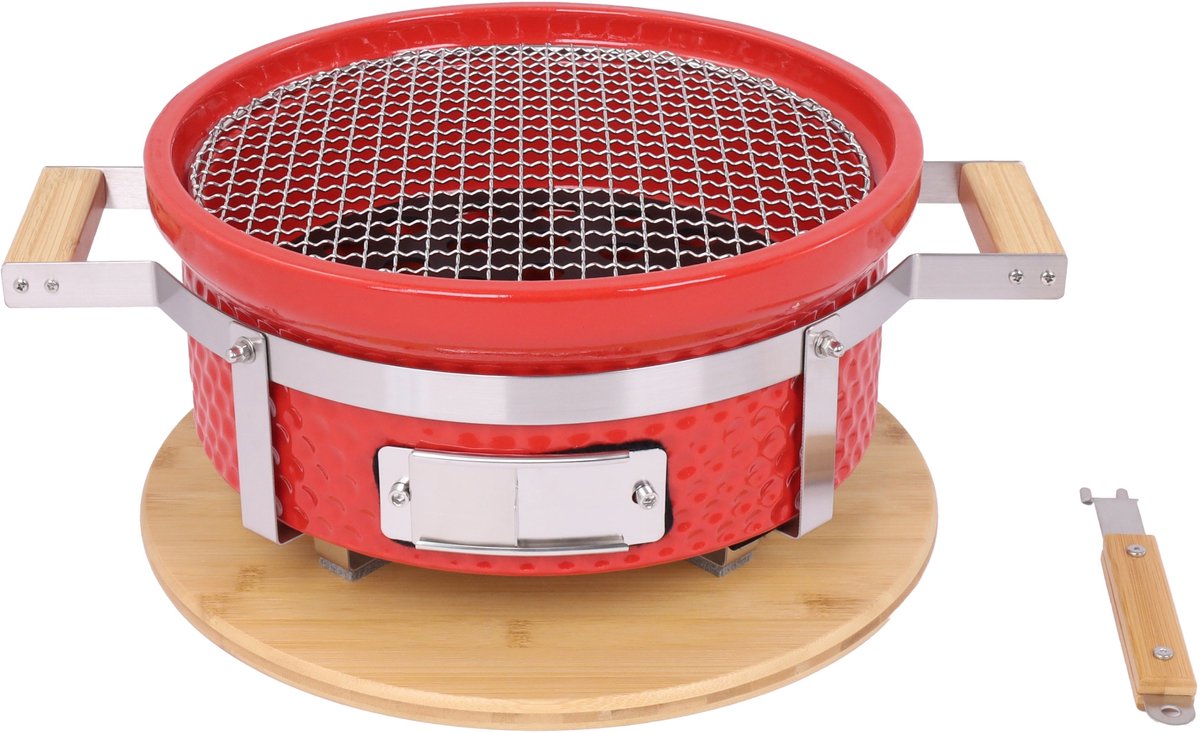 Hibachi Tafel Grill – Ronde Shichirin Tafel BBQ – Japanse Yakitori Grill – Keramisch – Geschikt voor Houtskool – Voor 1 tot 8 personen – ø 30 cm - Rood