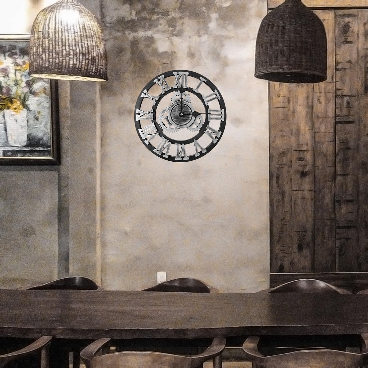 Wandklok - Stille Wandklok Zonder Tikgeluid - Industriële 3D Tandwielen - Woonkamer & Keuken - Zilver Romeinse Cijfers — cadeau in Wonen & Interieur - foto 3