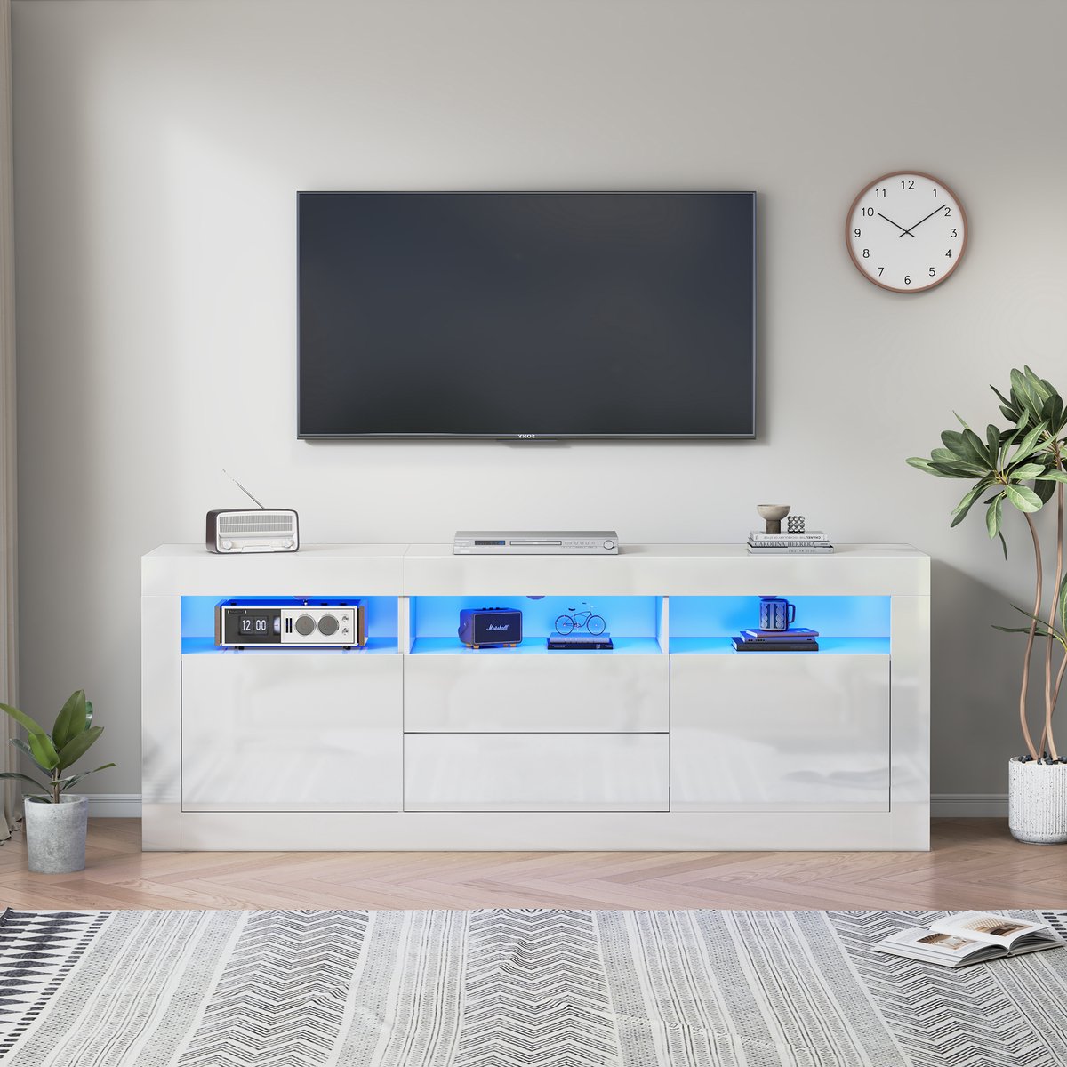 Pugsdrly 160*35*60 cm hoogglans tv-kast met ledverlichting, 3 open vakken, 2 deuren, 2 lades, smart app-bediening, voor 70 inch tv, hoogglans tv-standaard Wit
