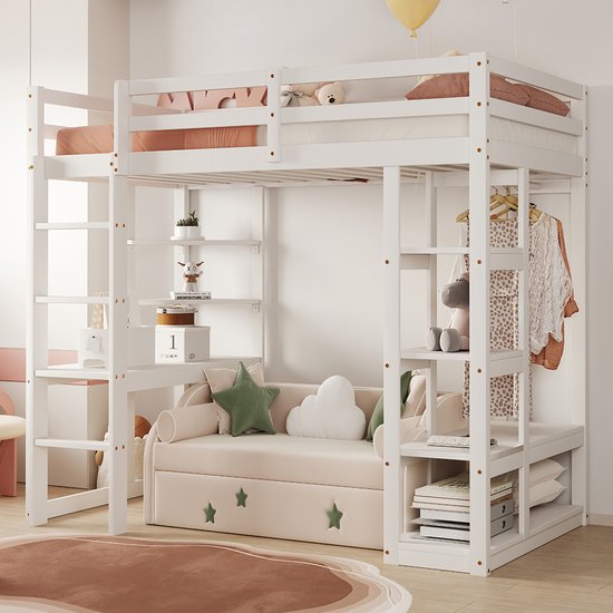 Pugsdrly Stapelbed voor kinderen van massief hout met ladder 90*200 cm, met tafel en planken, met eenvoudige kleerhangers en planken, kinderbedden, tienerbedden, eenpersoonsbedden, wit