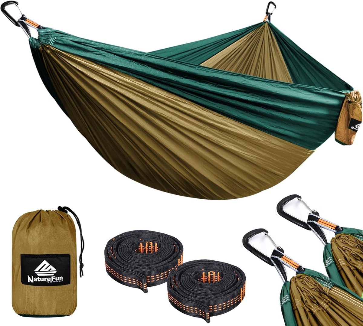 NATUREFUN Ultralight Camping Hammock for Travel, 300 kg (300 x 200 cm), Breathable, Nylon, 2 x Premium Carabiner Hooks, 2 x Nylon Strings Included