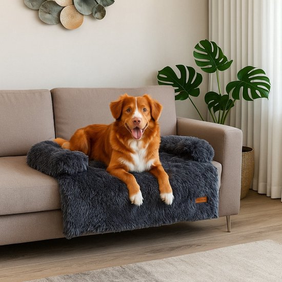 Bruine Nova Scotia Duck Tolling Retriever hond ligt op een donkergrijs, fluffy hondenkleed dat op een bank ligt.