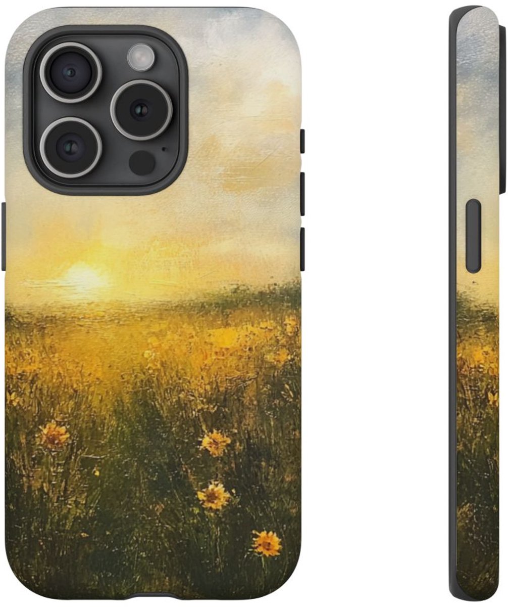 Zonnig Wildbloemenveld Schildering – Telefoonhoesje Geschikt voor iPhone 15 Pro