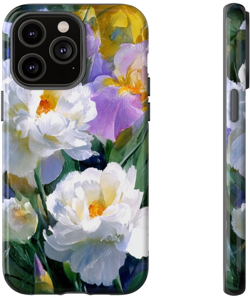 Grote Witte Pioenen en Lila Irissen – Telefoonhoesje Geschikt voor iPhone 14 Pro Max