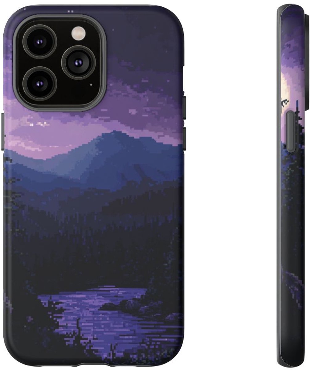 Pixel Art Nachtlandschap met Maan – Telefoonhoesje Geschikt voor iPhone 14 Pro Max