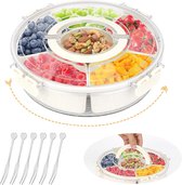 GOMETY Snack spinner met boxset, multifunctionele draaibare kindersnackbox met deksel, draagbare snackhouder, 5 vakken, ronde snack, meloenpitorganizer, BPA-vrij, voor buiten, familiefeesten (groen
