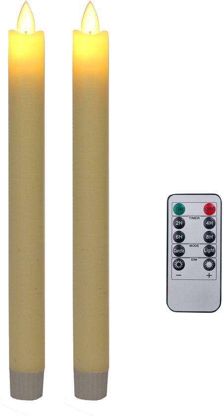 Foryouliving - LED kaarsen met bewegende vlam 2x - Ivoor - Ivory - Afstandsbediening - Dinerkaars rustiek wax 24.5 cm - LED kaars batterij - Timer
