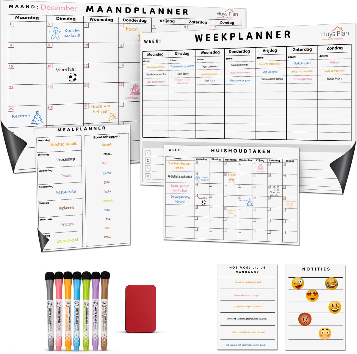 Huysplan Maandplanner & Weekplanner Whiteboard – Familieplanner - Magnetisch Planbord - Inclusief Meal Planner, Notities, Stiften & Wisser – A3 Formaat