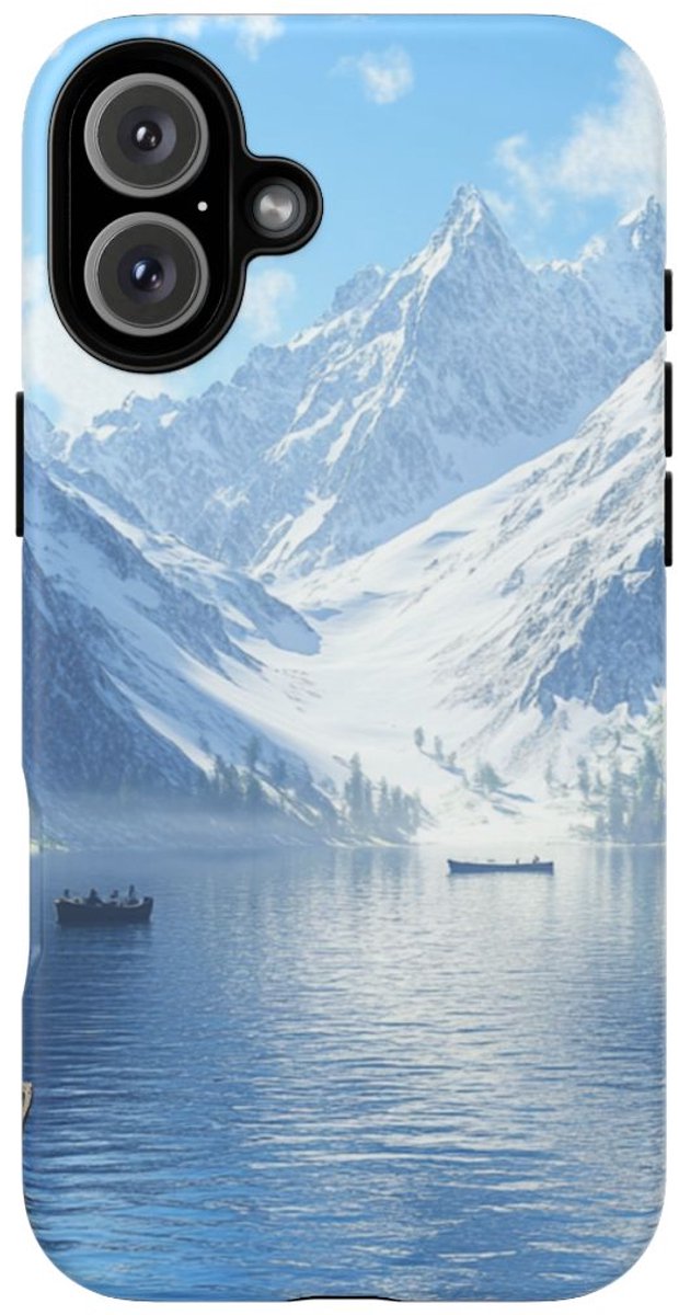 Sereen Bergmeer met Roeiboten – Telefoonhoesje Geschikt voor iPhone 16 Plus