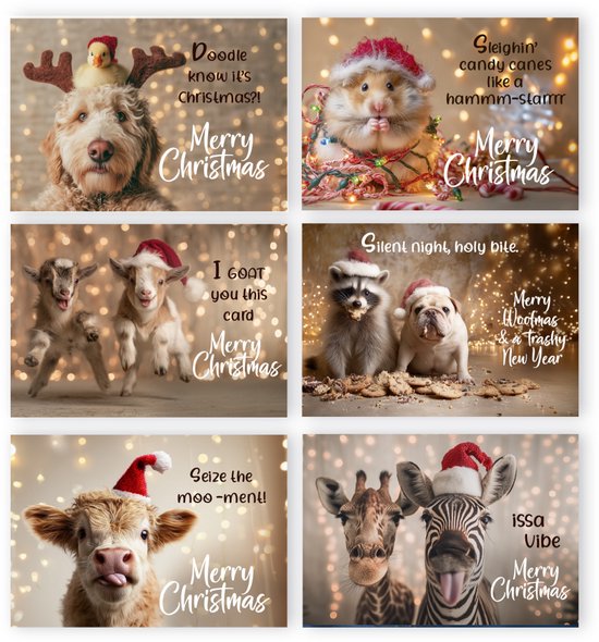 Kerstkaart met doodle, hamster, geitjes, wasbeer, mopshond, kalf en giraf met zebra, allen met kerstmuts.