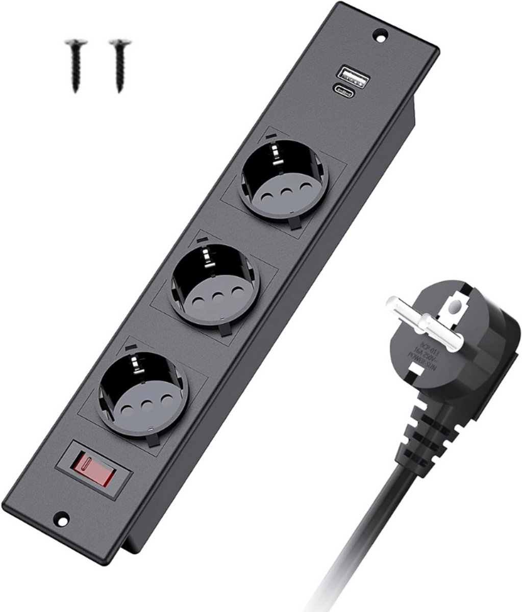 Thuys – Tafelstopcontact Inbouw – 3 – Voudige Stekkerdoos – Met USB – C PD 15W & USB – A – 2m Kabel – Zwart