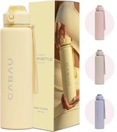 Cabau Bloom RVS Waterfles 870ml Butter Yellow | Geïsoleerde BPA-vrije & Lekvrije Thermosfles | Duurzame Herbruikbare Drinkfles met Schoonmaakborstel & Draagkoord | BPA vrij Sportfles Dames | Waterfles Volwassenen | Cadeau voor Haar