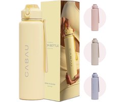 Cabau Bloom RVS Waterfles 870ml Butter Yellow | Geïsoleerde BPA-vrije & Lekvrije Thermosfles | Duurzame Herbruikbare Drinkfles met Schoonmaakborstel & Draagkoord | BPA vrij Sportfles Dames | Waterfles Volwassenen | Cadeau voor Haar