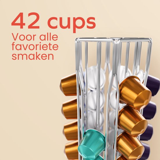 Zilverkleurige metalen capsulehouder gevuld met 42 gouden, paarse, blauwe en witte cups.