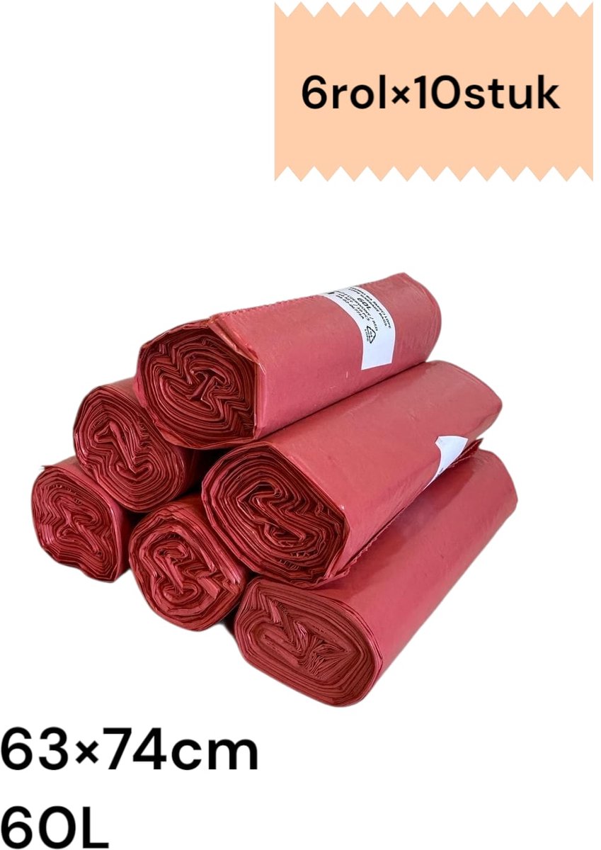 Afvalzakken – 100% rood recycle vuilniszakken / lekbestendig / 6 rollen x 10 stuks ( 60stuks ) / 60 liter / 63*74 cm.