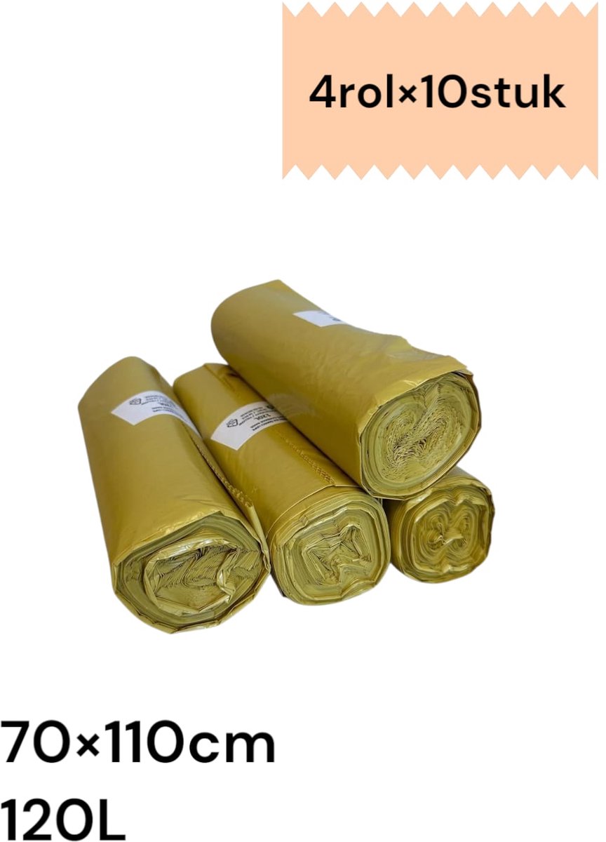 Afvalzakken – 100% geel recycle vuilniszakken / lekbestendig / 4 rollen x 10 stuks ( 40 stuks ) / 120 liter / 70*110 cm.