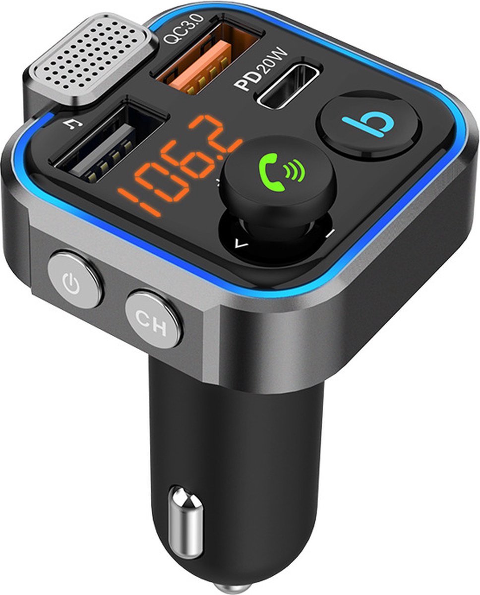 Auto Bluetooth FM-zender, draadloze Bluetooth 5.0 FM-radio-adapter met 2 USB-poorten carkit met handsfree bellen, ondersteuning voor basmuziekspeler USB-drive