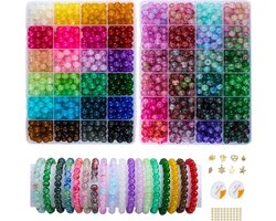 【2-pack】 Meer dan 1300 stuks ronde glazen kralen voor het maken van sieraden, 48 kleuren 8 mm kristallen kralen voor armbanden, sieraden maken en doe-het-zelf-knutselen, 2 ronde kralen in doos, geschikt voor beginners. (Effen + bedrukking) Effen + be
