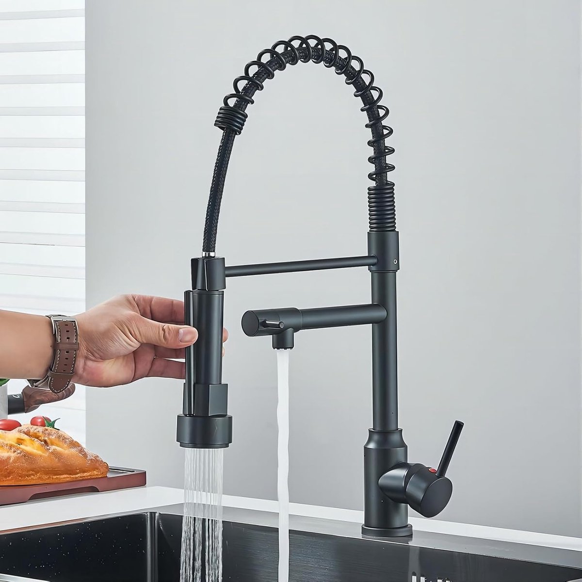 Keukenkraan, 360 graden draaibare zwarte keukenkraan, dubbele sproeikop, keukenkranen met