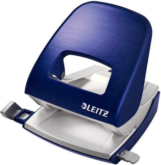 Donkerblauwe Leitz perforator met metalen afwerking.
