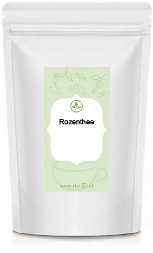 Witte theezak met groen label 'Rozenthee' en een afbeelding van een theekopje.