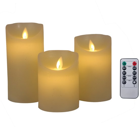 Foryouliving - LED kaarsen met bewegende vlam 3x - Ivoor - Ivory - Afstandsbediening - Stompkaars rustiek wax - LED kaars batterij - Timer - 7.5 x 10 12.5 15 cm