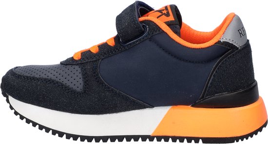 Donkerblauwe Replay sneaker met oranje accenten, klittenbandsluiting en witte zool.