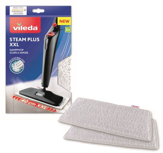 Vileda Steam Plus XXL stoomreiniger met twee vervangende microvezelpads.