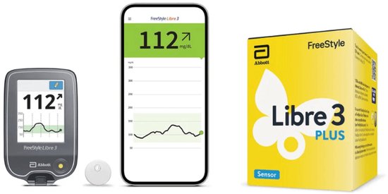 Een glucosemeter, een ronde sensor en een smartphone met de Freestyle Libre 3 app. De meter toont "112" en een grafiek.