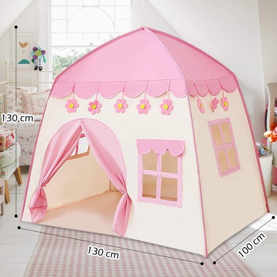 Prinsessenkasteel Speeltent voor Meisjes - Inclusief Kroon & Toverstaf - Roze Kindertent - 130x100x130 cm - Voor Binnengebruik - Met Bloemendecoratie van Merkloos — afbeelding 5