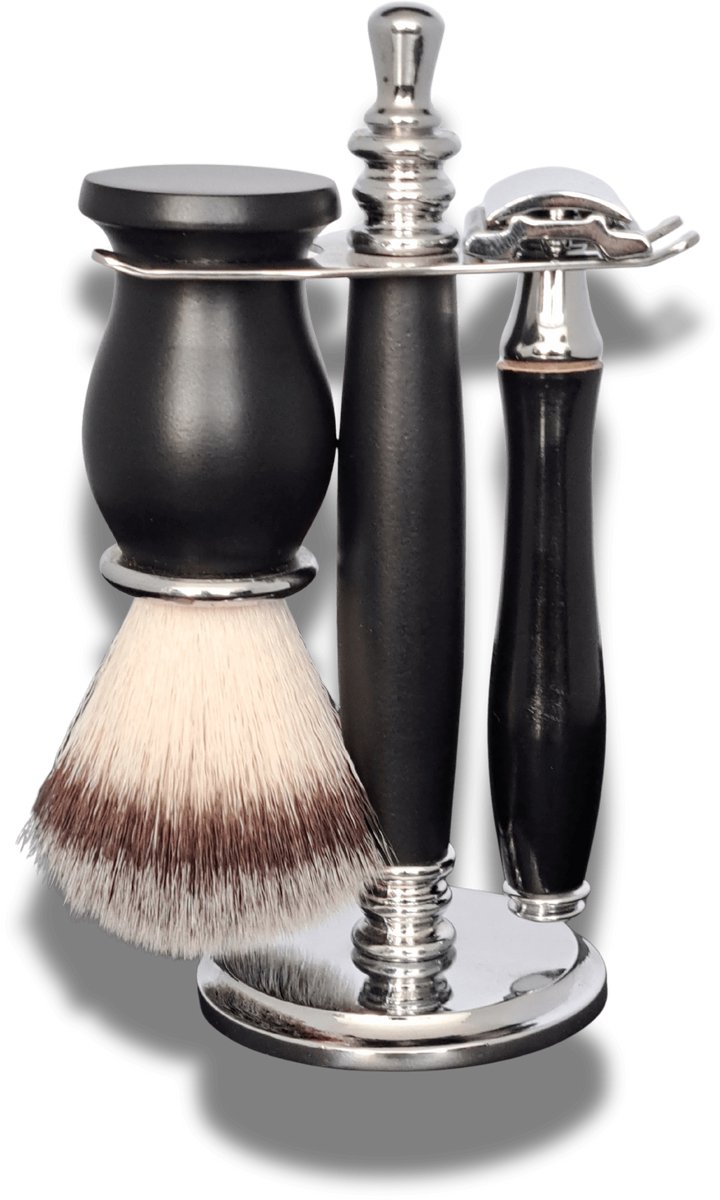 Old Barbers - Luxe 3 delige Scheerset - Houder/Scheerkwast/Classic Scheermes - Imitatie Dassen Haar - Zwart