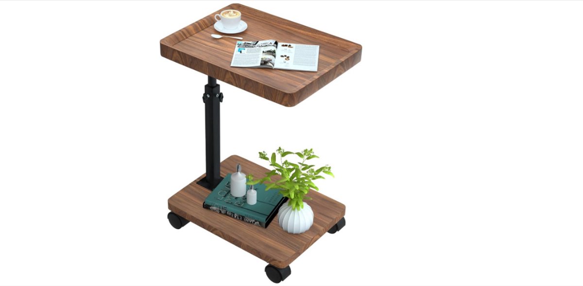 WNHB® Verstelbare Houten Bijzettafel Met Wieltjes - C Vorm Tafel 360 Graden Draaibaar - Laptoptafel Nachtkastje Bijzetmeubel