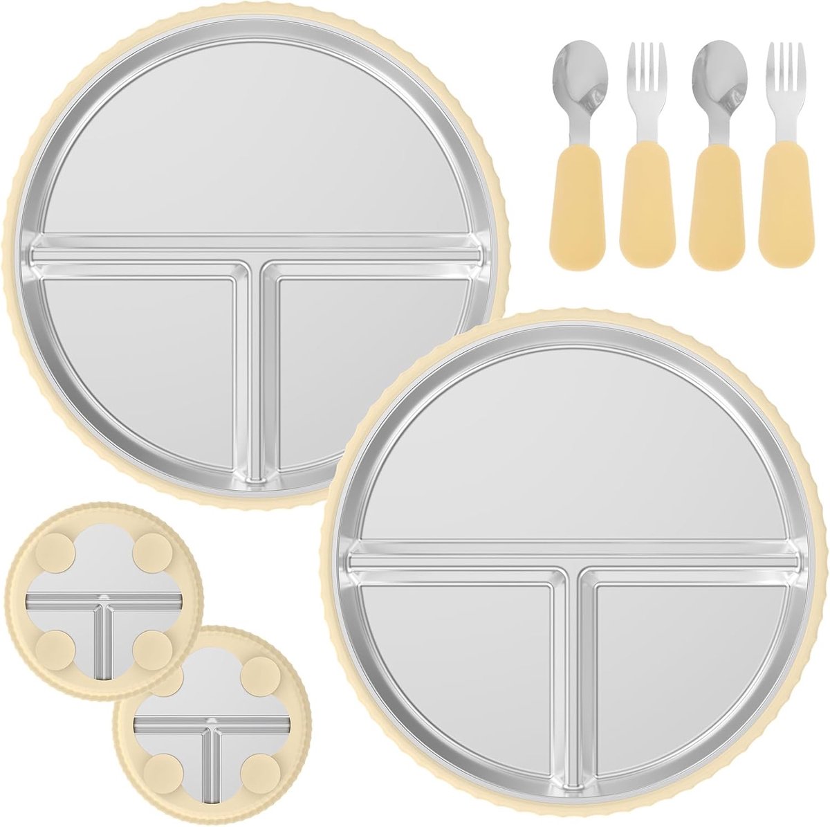 Image of 2 stuks roestvrijstalen zuignap voor peuters - 9 inch siliconen zuignap voor baby's - inclusief 2 stuks lepel-vork bestek voor peuters - 3-delige uitneembare voedingsset voor kinderen - essentiële babyvoeding - beige