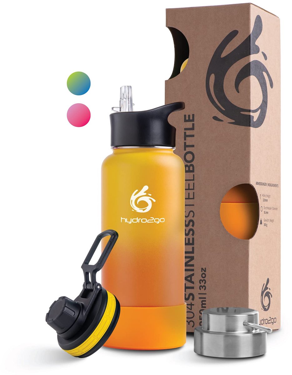 Hydro2go RVS Drinkfles 950 ml – 12u warm / 24u koud – 3 doppen – BPA-vrij – Sun