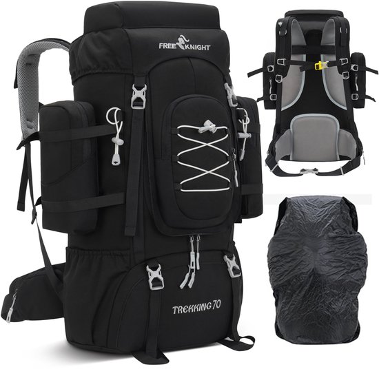 Wandelrugzak 70L –Waterafstotende Outdoor Rugzak –Premium Backpack- Met regenhoes– Ideaal voor Hiking & Camping-Zwart