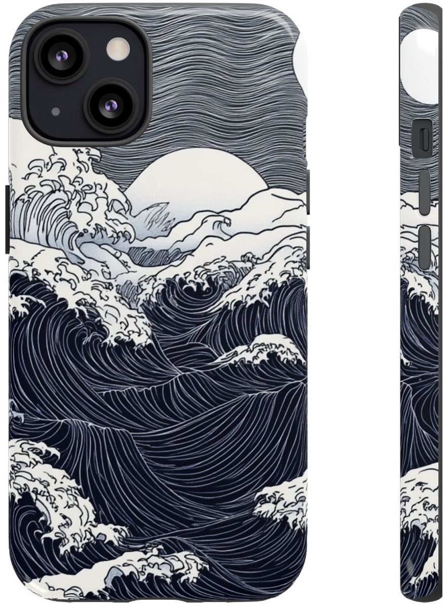 Monochrome Oceaangolven met Maan – Telefoonhoesje Geschikt voor iPhone 13