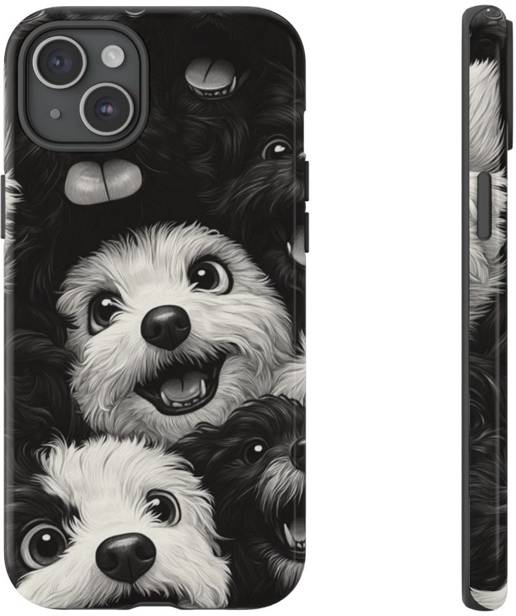 Zwart-Wit Vrolijke Hondenkoppen Patroon – Telefoonhoesje Geschikt voor iPhone 15 Plus