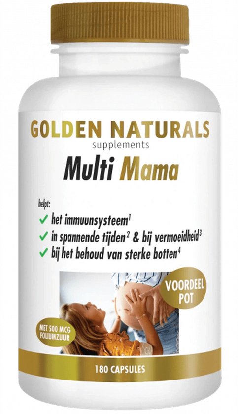 Fles van Golden Naturals Multi Mama supplementen, 180 capsules. De voorkant toont een zwangere buik en een jong kind.