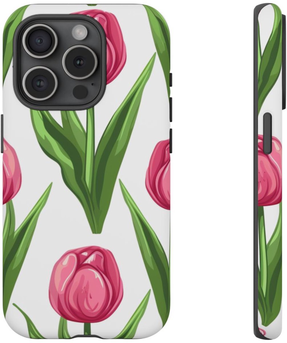 Roze Tulp Bloemenpatroon – Telefoonhoesje Geschikt voor iPhone 15 Pro