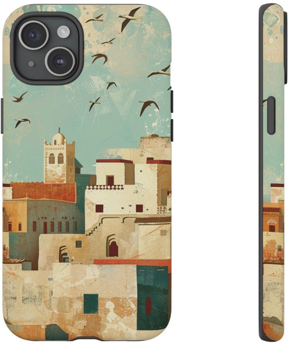 Illustratie van Marokkaanse Kustplaats – Mat Hoesje Geschikt voor iPhone 15 Plus