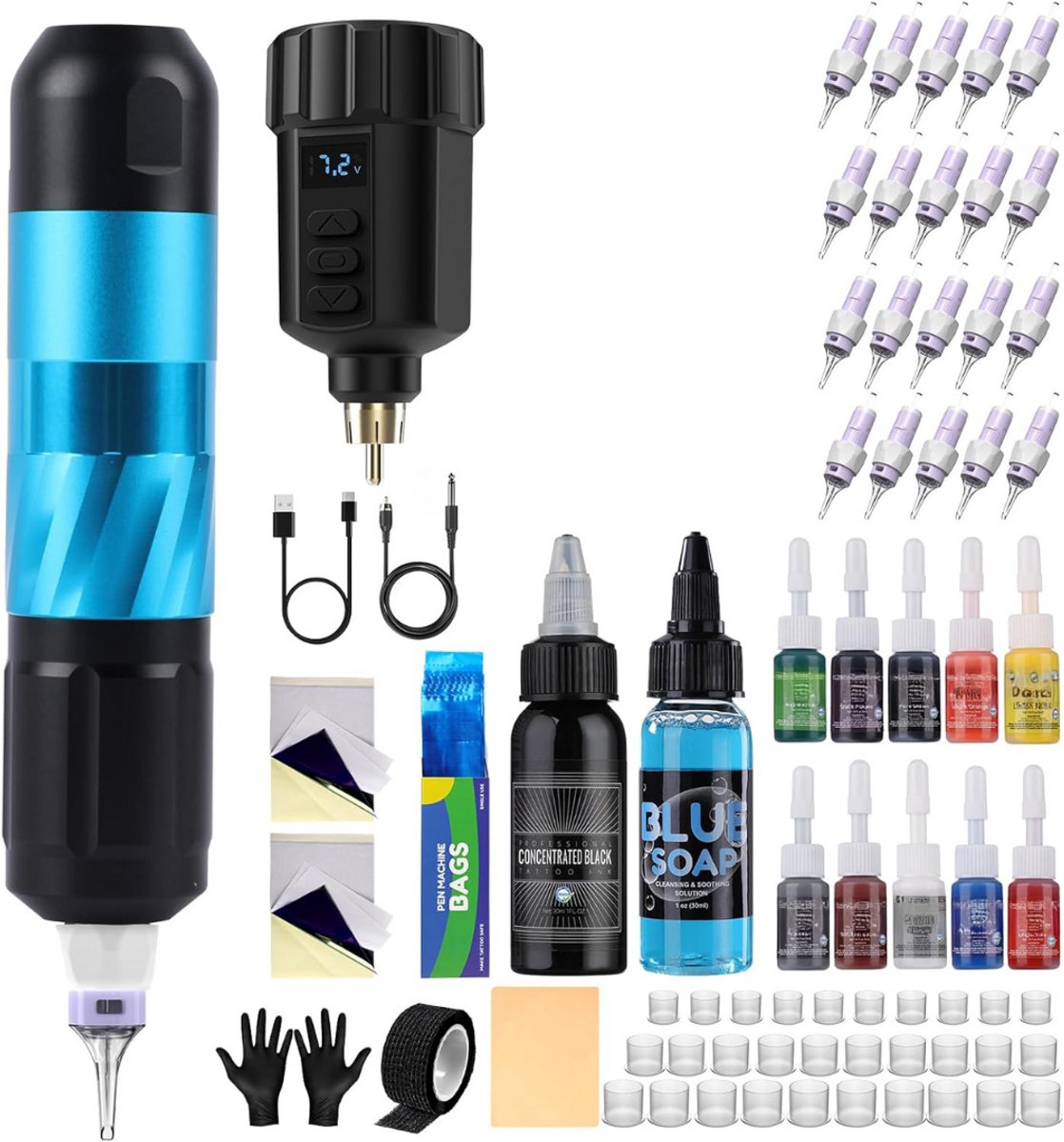 DailySupplies® Tattoo Machine met Accessoires - Tattoo kit Draadloos - Complete Set - Blauw
