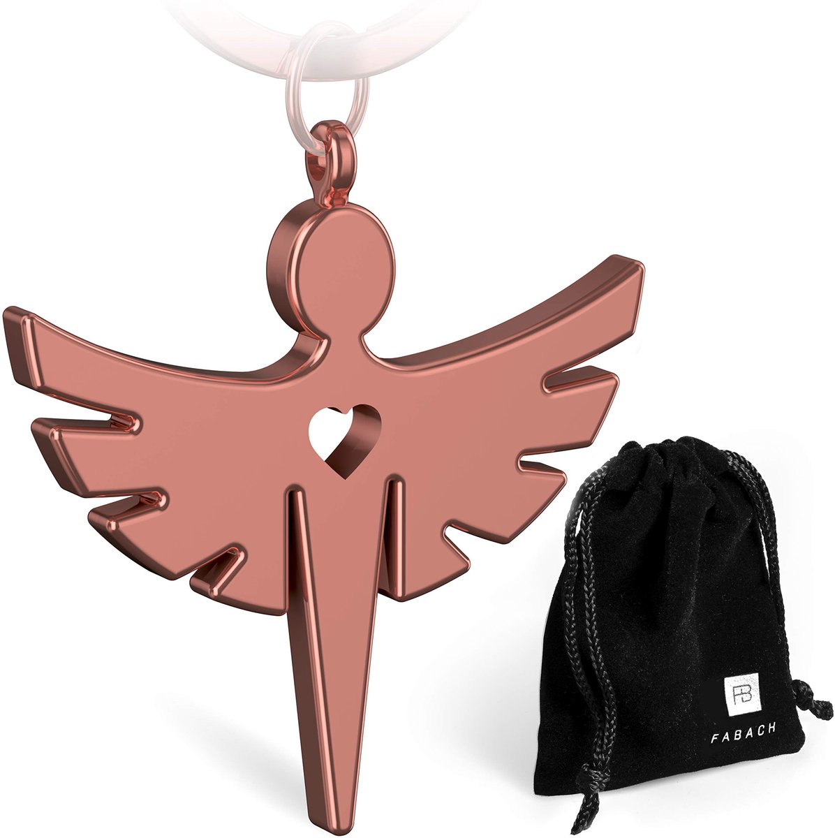 FABACH Beschermengel Fabiel Sleutelhanger met Hart - Edele Engel Hanger van Metaal in Glanzend Roségoud - Geluksbrenger Cadeau voor Auto, Rijbewijs - Rijd Voorzichtig