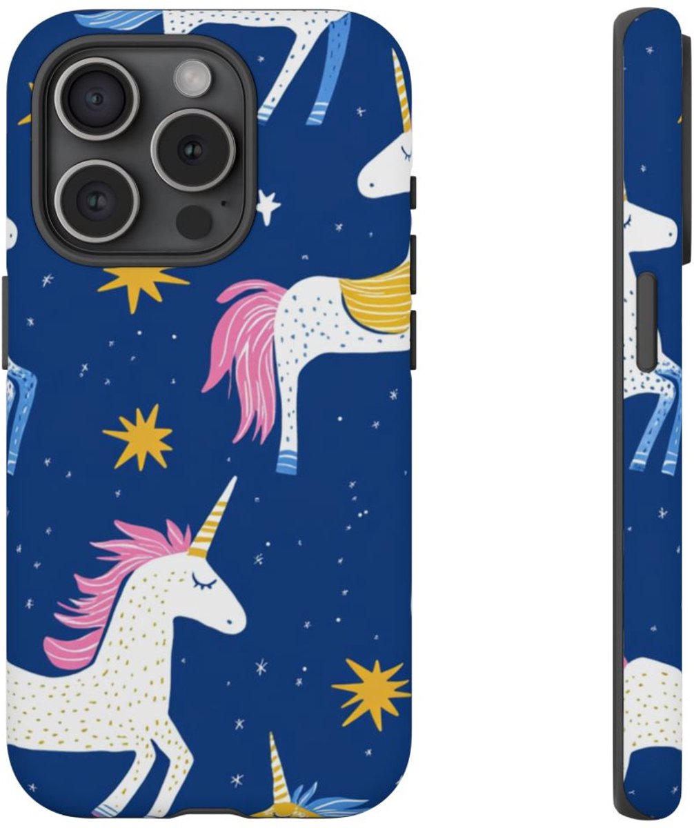 Kleurrijke Eenhoorns met Sterrenpatroon – Telefoonhoesje Geschikt voor iPhone 15 Pro