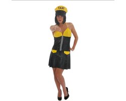 Kinky Taxi Chauffeur Kostuum – Sexy Zwart/Geel Jurkje met Bijpassende Pet – Maat S
