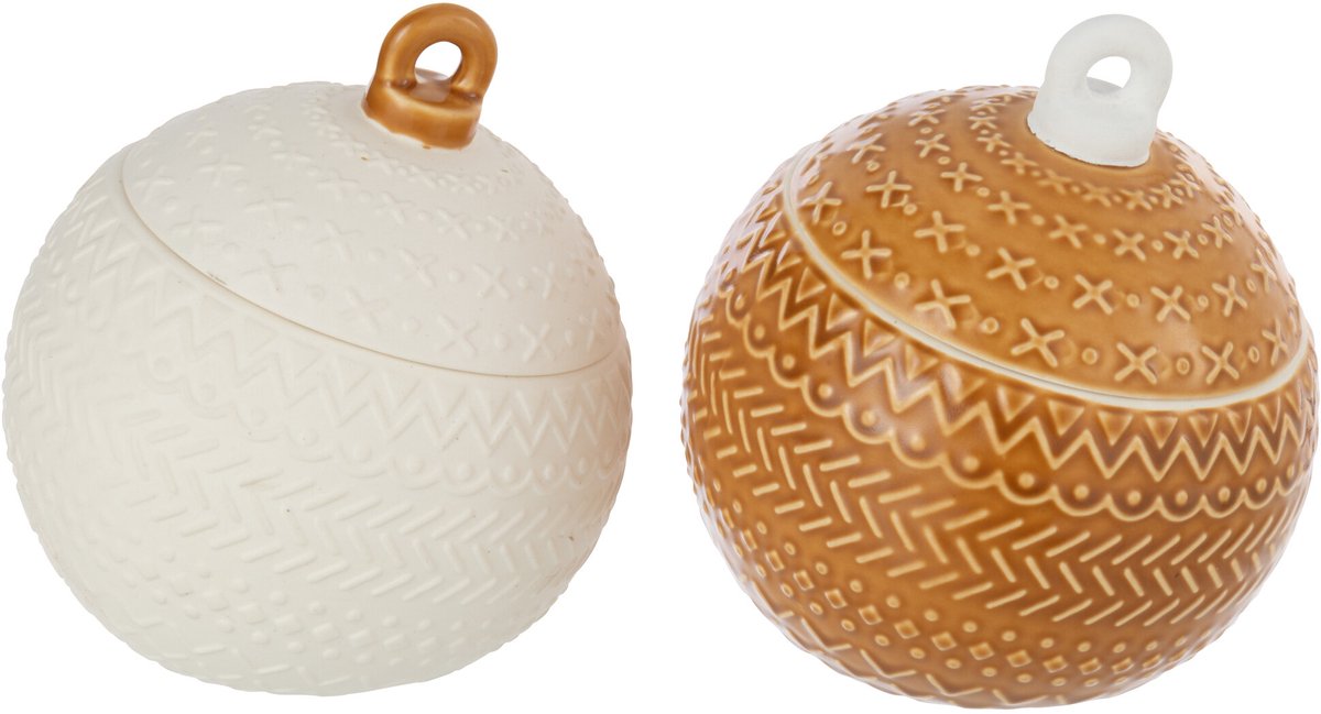 J-Line voorraadpot Kerstbal - porselein - wit/mosterdgeel - 2 stuks
