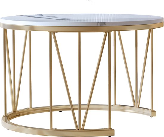 2 tables basses rondes, 70x45cm, 45x45cm, table avec plateau blanc et support de pied noir, table basse ronde intégrée dans le côté du canapé (plateau blanc + pied doré)