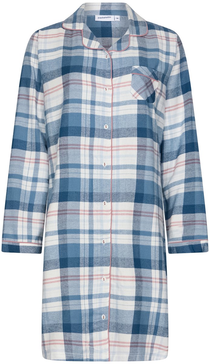 Pastunette Flannel Check - Nachthemd - Doorknoop - Blauw/Wit - Flanel